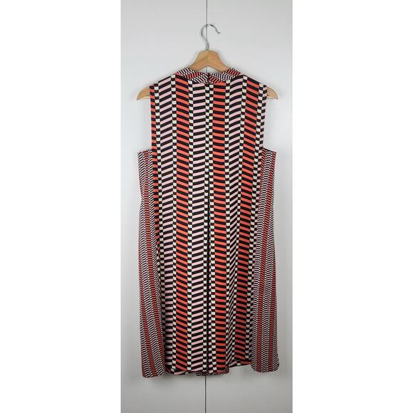 MARELLA Stripe Pleated A-Line Geometric Print Shift Silky Dress Black Orange | 8 - Picture 8 of 16